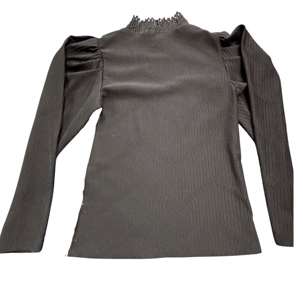 Zara Black Textured Puff Shoulder Top Laser Cut Mock Neck Long Sleeve Size S